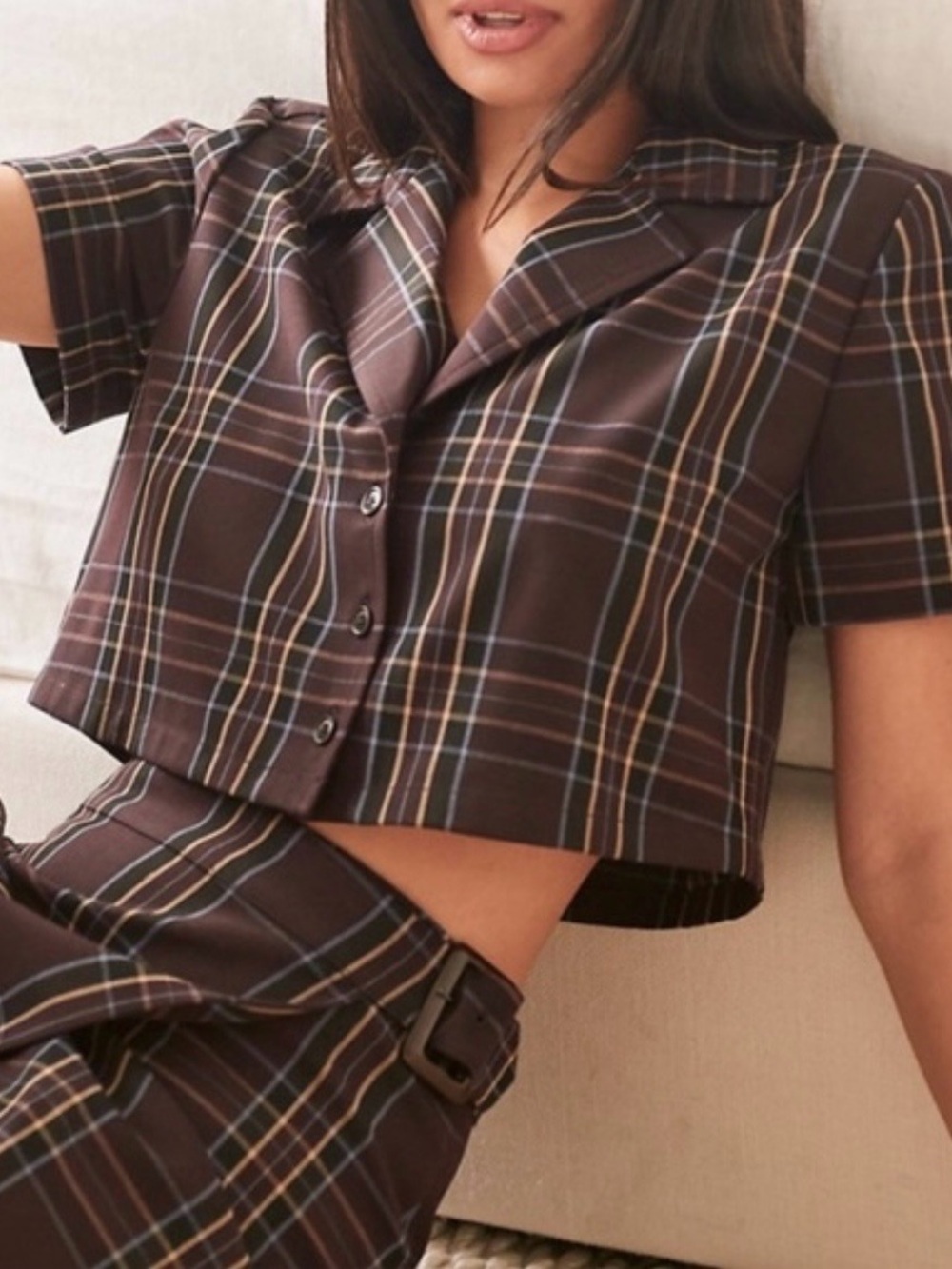 Aritzia Sunday Best Brown and Tan Plaid Crop Top-M